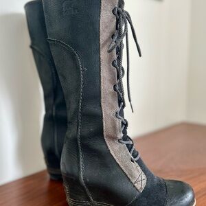 Women's Black and Gray Lace-Up Boots